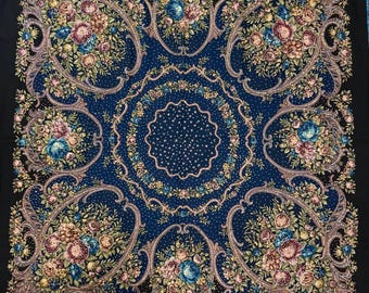 Chal de lana con rosas azules y pedrería, chal floral de noche, bufanda grande con flecos al estilo ruso.