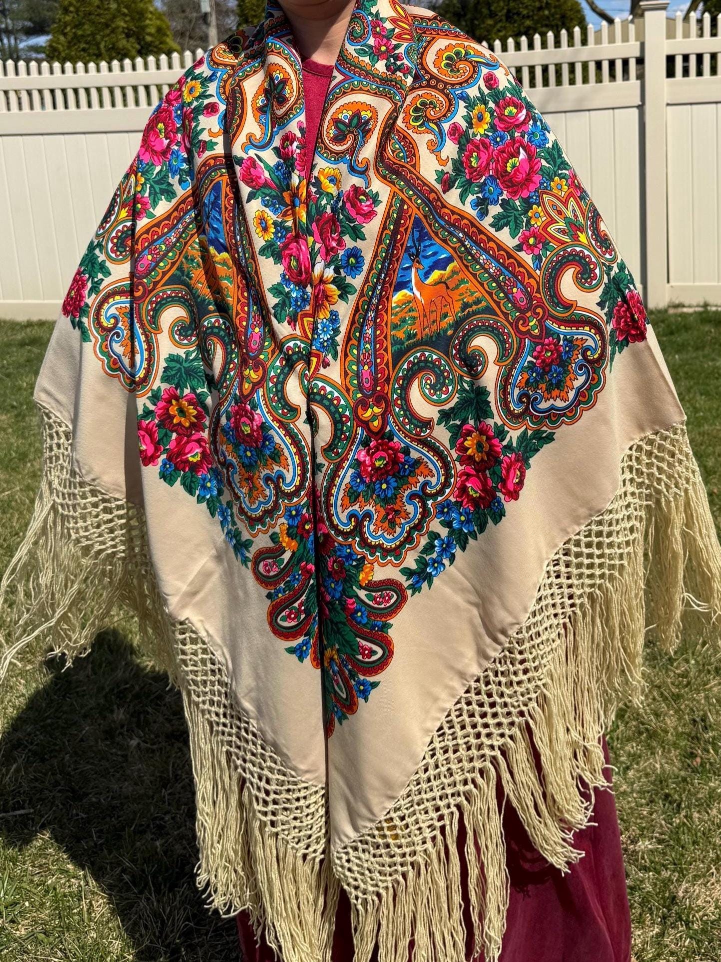 Slavic Modest Cream Floral Babushka Shawl – Folk Scarf With Fringe, Slavic Inspired ...