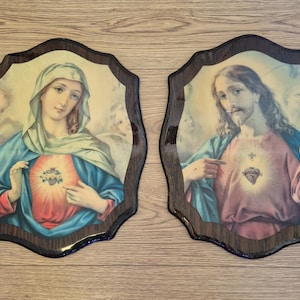 Vintage Catholic Mary and Jesus sacred heart wall plaques 1960s