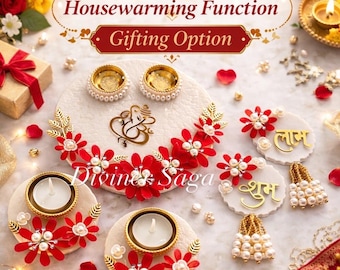 May include: An assortment of decorative items for weddings or housewarming functions. The image features candle holders, floral arrangements, and small decorative plaques with gold accents and red flowers. The text reads "Wedding, Housewarming Function Gifting Option."