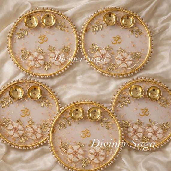 Handcrafted Resin Pooja Thali | Beige & Gold Floral, Brass Diyas