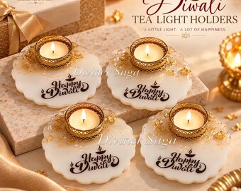 May include: Four round white resin tea light holders with scalloped edges, gold leaf flakes, and a gold metal cup. Each holder features the black text Happy Diwali and a small diya icon. Lit tea light candles are placed inside each gold cup.