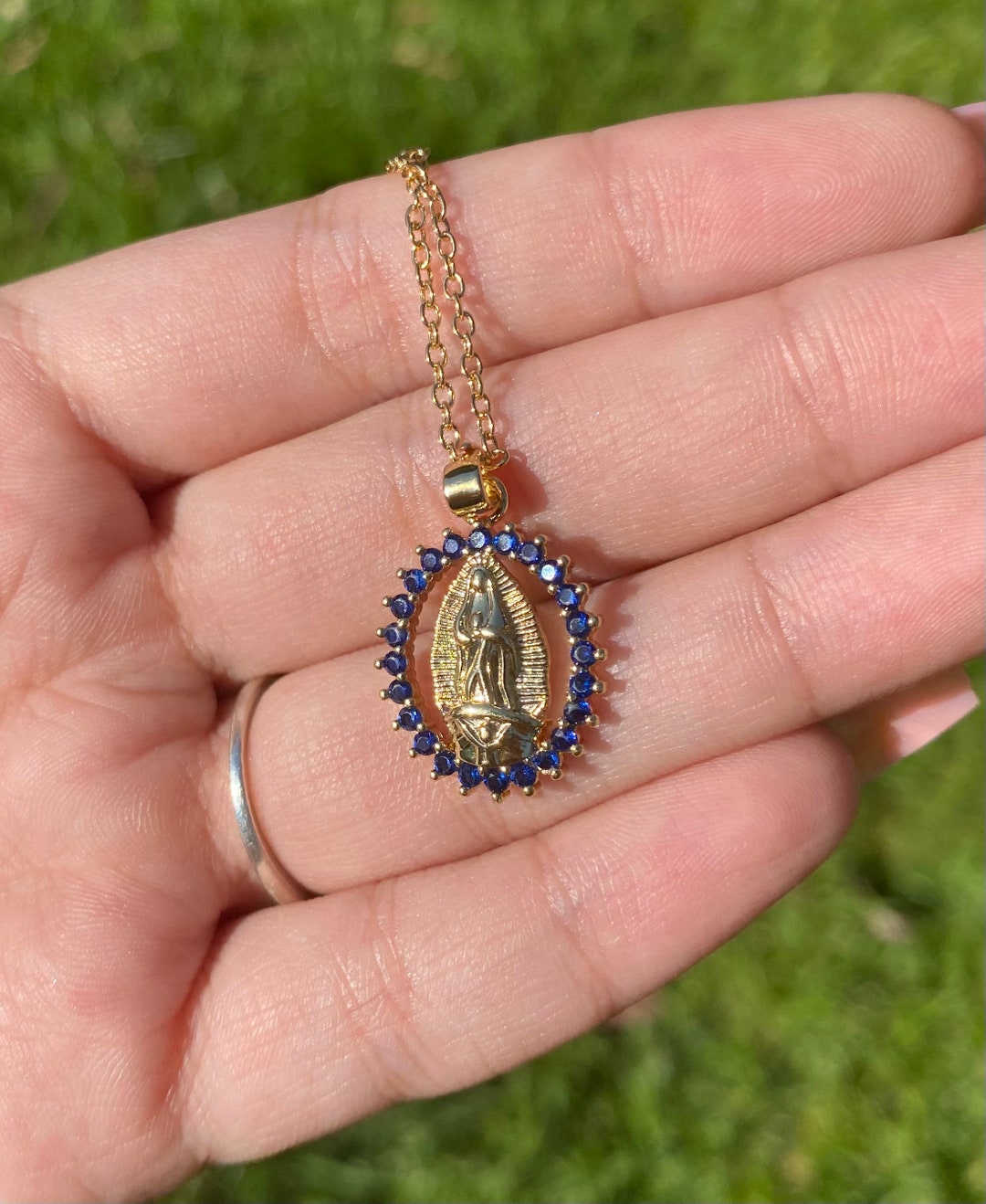 Navy Blue Stone Virgin Mary Necklace Etsy