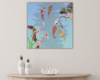 Meditative koy fish canvas wall art, Good luck gift for new homeowners, Perseverance wish for loved one going through hard times