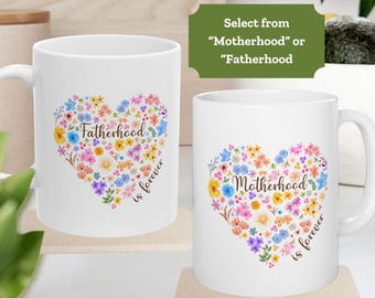 Motherhood Is Forever Floral Heart Mug, Colorful Flower Bouquet Ceramic Coffee Cup, Thoughtful Gift for Bereaved Mom after Miscarriage