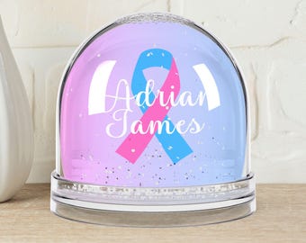Personalized angel baby remembrance snow globe, Pink & blue pregnancy infant loss awareness ribbon design with child's name, Sympathy gift