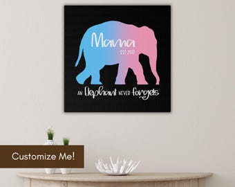 Personalized Mama/Papa Elephant wall art, Stretched canvas memorial gift for bereaved mother or father, Sweet remembrance after child loss