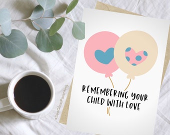 Memorial greeting card, Cute cartoon balloons, Remembering your child with love, Supportive words for bereaved parent, Loss mama papa