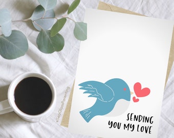 Sympathy greeting card, Sweet pastel bird with heart, Sending you my love after loss of loved one, Supportive words for grieving friend