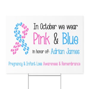 In October we wear pink and blue lawn sign, Pregnancy loss awareness ribbon, Footprint advocacy yard decoration imagem 8
