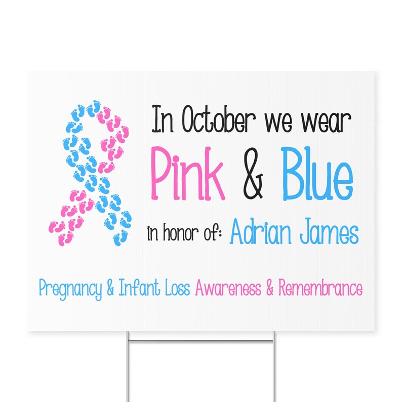 In October we wear pink and blue lawn sign, Pregnancy loss awareness ribbon, Footprint advocacy yard decoration imagem 8