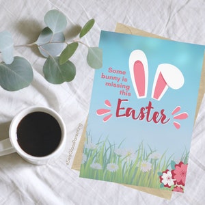 Ostern Erinnerungs-Grußkarte, niedliche Cartoon-Kaninchenohren, Einige Häschen vermissen diese Ostern und immer, ich behalte dich in meinem Herzen