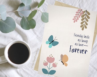 Baby loss sympathy card, Cute boho floral and butterfly design, Family lasts as long as love—Forever, Thoughtful words after death of child