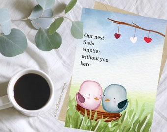 Missing you card blank inside, Watercolor mama papa birds with nest, Thoughtful gift for bereaved parents, Writing letters to the dead