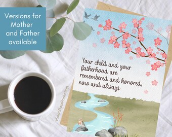 Dear loss mama card, Honoring you on Mothers Day Fathers Day, Thoughtful words for angel mom dad, Memorial cherry blossom nature scenery