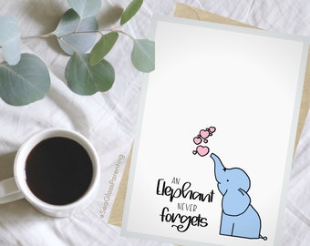 An elephant never forgets greeting card, Cute cartoon elephant with hearts, Sweet sentiments of remembrance after loss of child
