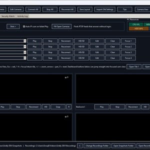 May include: A dark blue software interface labelled "Gridly DEV" with various control buttons and display windows. The interface includes options for camera management, quick tools, and PC resource monitoring. The screen displays text and interactive elements.