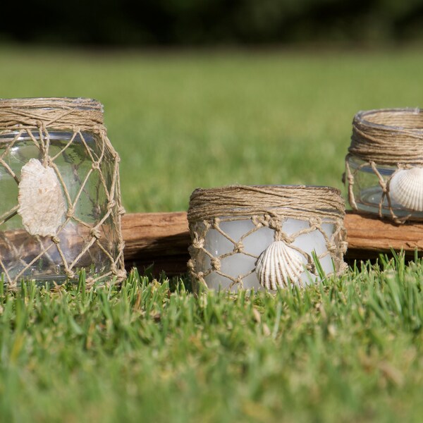 Bougeoir avec pot en verre recyclé, corde de chanvre et coquillage