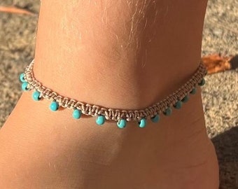 Macrame anklet with turquoise or white beads