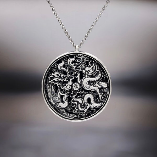 Aesthetic Oxidized Silver Dragon Necklace, Sterling Silver Phoenix Pendant, Good Luck Charm Necklace, Everyday Delicate Dragon Jewelry