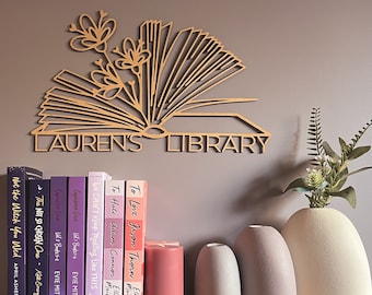 Floral Book Library Laser Cut Sign, Custom wall art, Library wall art, Personalised Library sign