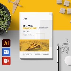 Könnte beinhalten: Eine weiße Firmenbroschüre mit gelbem Akzent. Die Broschüre trägt den Text "COMPANY BROCHURE" und "2022 / 30" auf dem vorderen Umschlag. Die Broschüre liegt auf einer gelben und grauen Oberfläche mit einer Pflanze, einem Bleistift, Büroklammern und einem Lineal.