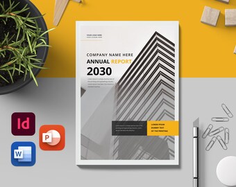 May include: A white and gray annual report cover with a black and white photo of a modern building. The cover has the text "COMPANY NAME HERE ANNUAL REPORT 2030" in black and yellow text.