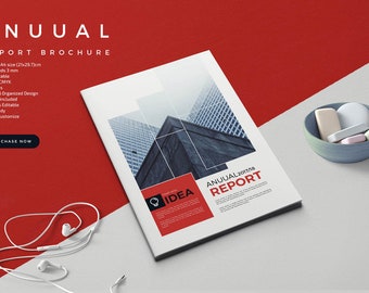 May include: A white brochure mockup with a red and white design. The brochure features a photo of a modern building with the text "ANUUAL 2017/18 REPORT" and "IDEA".