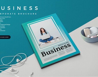 May include: A teal and blue gradient brochure with the text "Business Brochure" and "One Click" repeated three times. The brochure features a photo of a woman sitting on the floor with a laptop. The text "Business Corporate Brochure" is at the top of the image.