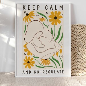 Mantenga la calma y coregula las flores del cartel de la madre y el niño, arte digital, cartel de autorregulación, arte de la pared de la guardería