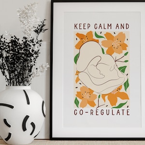 Mantenga la calma y coregula el cartel de madre e hijo con tulipanes, arte digital, descarga instantánea, cartel de psicología, sala de terapia ocupacional