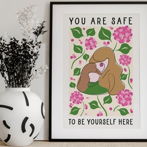 Estás seguro de ser tú mismo aquí Póster de madre e hijo con flores, arte que afirma la neurodiversidad para terapeutas, hogares, escuelas y oficinas