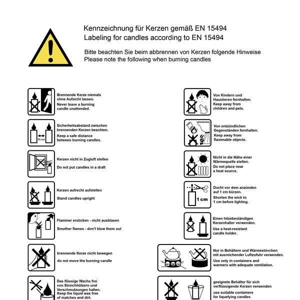 Digitaler Download | Warnhinweise mit Piktogrammen, auf die beim Vertrieb von Kerzen, nach DIN EN 15494 hingewiesen werden muss.