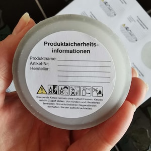 Etiketten für die Produktsicherheitsinformationen (GPSR)  und Warnhinweisen für Kerzen