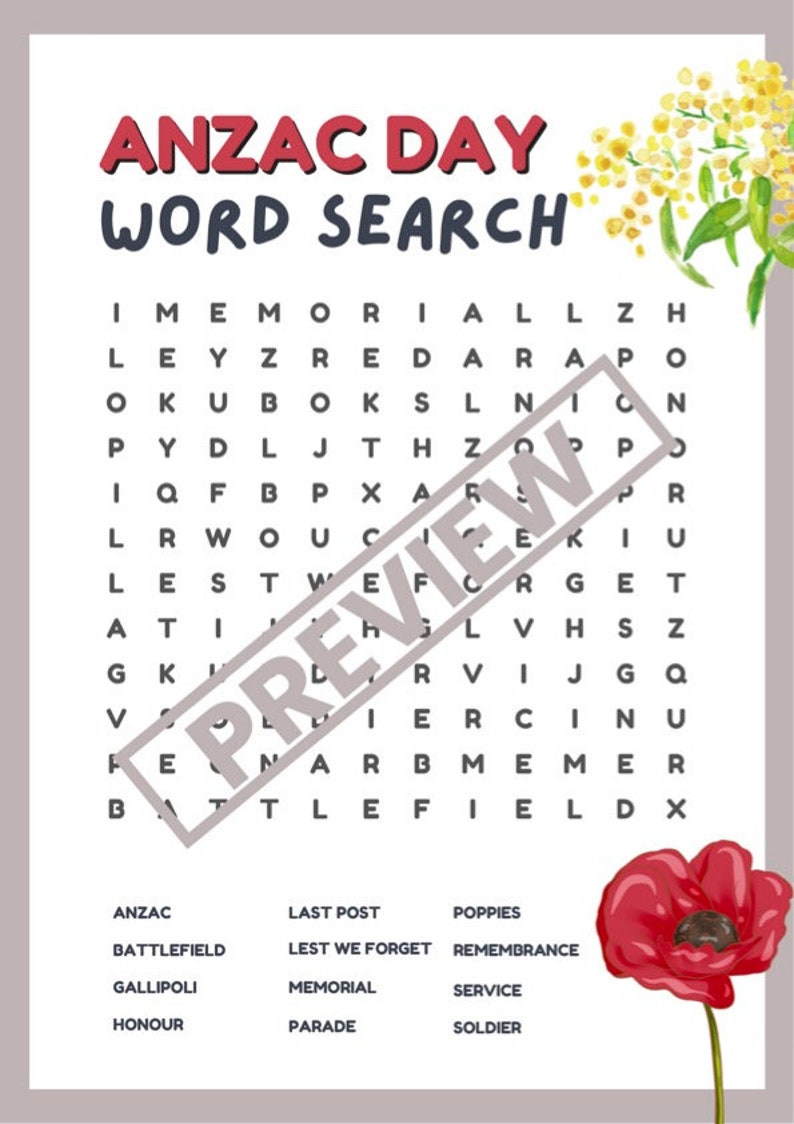 Anzac Day Word Search Find a Word Printable Etsy