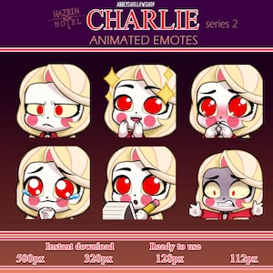 Peut inclure: Graphique numérique téléchargeable avec six émoticônes animées du personnage Charlie. Les émoticônes affichent diverses expressions, notamment la surprise, la tristesse et l'inquiétude. Le texte "CHARLIE series 2 ANIMATED EMOTES" est inclus.
