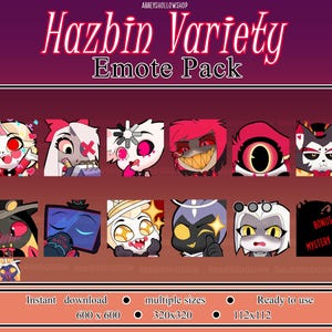 以下が含まれることがあります： Hazbin Hotelのアニメシリーズのキャラクターをフィーチャーした、8つのアニメーションエモジのデジタルダウンロードパック。エモジは、さまざまなポーズと表情で利用できます。エモジは、600x600ピクセル、320x320ピクセル、112x112ピクセルなど、さまざまなサイズで利用できます。