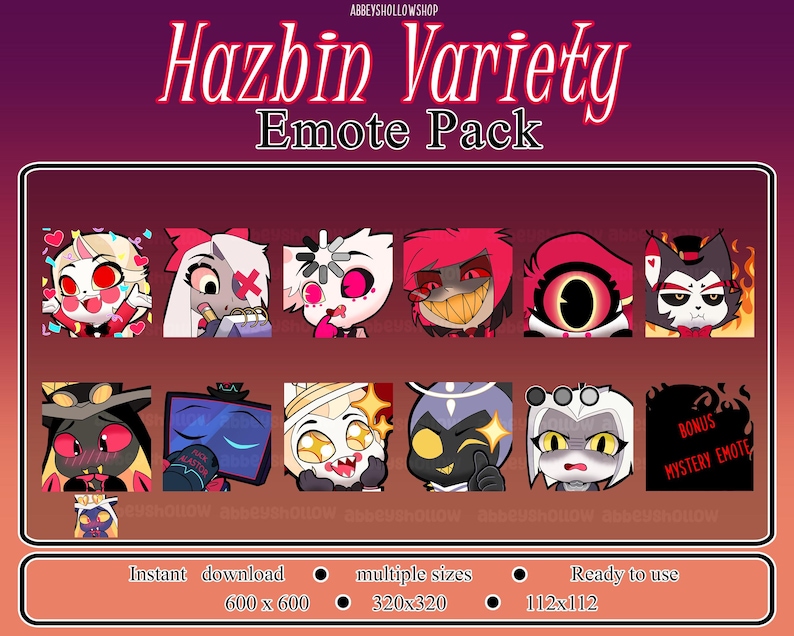 May include: A digital download pack of 8 animated emotes featuring characters from the Hazbin Hotel animated series. The emotes are in a variety of poses and expressions. The emotes are available in multiple sizes, including 600x600 pixels, 320x320 pixels, and 112x112 pixels.