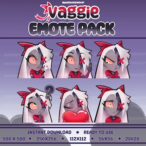 May include: A set of six digital cartoon character emotes featuring a red-haired female character with white hair. The emotes are in different poses and expressions, including a thinking pose, a heart-holding pose, and a surprised pose. The emotes are available in five different sizes: 500 x 500 pixels, 256 x 256 pixels, 112 x 112 pixels, 56 x 56 pixels, and 28 x 28 pixels. The text "Vaggie Emote Pack" is at the top of the image.