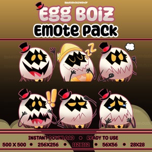 May include: A set of six digital emoticons featuring a white egg character with black eyes and a top hat. The egg character is shown in different poses, including sleeping, waving, and surprised. The text "Egg Boiz Emote Pack" is at the top of the image. The text "Instant Download" and "Ready to Use" is at the bottom of the image, along with different sizes of the emoticons.