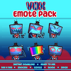 Peut inclure: Un ensemble de six emojis animés numériques représentant un personnage de dessin animé bleu et rouge avec un écran de télévision pour tête. Le personnage porte un costume noir et un nœud papillon rouge. Les emojis incluent des expressions telles que sourire, colère, surprise et amoureux. Le texte "VOX Emote Pack" est en haut de l'image. Le texte "INSTANT DOWNLOAD READY TO USE" est en bas de l'image. Le texte "500 x 500 256x256 112x112 56x56 28x28" est également en bas de l'image.