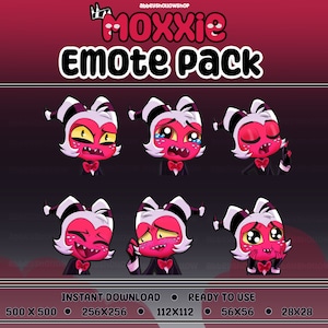 May include: A set of six digital character emotes featuring a pink cartoon character with black eyes, white hair, and a black bow tie. The character has different facial expressions, including angry, crying, blushing, and surprised. The emotes are available in five different sizes: 500 x 500 pixels, 256 x 256 pixels, 112 x 112 pixels, 56 x 56 pixels, and 28 x 28 pixels. The text "Moxxie Emote Pack" is at the top of the image.