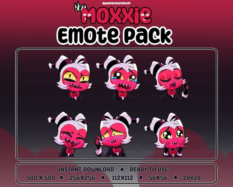 May include: A set of six digital character emotes featuring a pink cartoon character with black eyes, white hair, and a black bow tie. The character has different facial expressions, including angry, crying, blushing, and surprised. The emotes are available in five different sizes: 500 x 500 pixels, 256 x 256 pixels, 112 x 112 pixels, 56 x 56 pixels, and 28 x 28 pixels. The text "Moxxie Emote Pack" is at the top of the image.