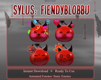 May include: A digital art graphic featuring four red, round, cartoon-style characters with black horns and various expressions. The text "SYLUS: FIENDYBLOBBU" is at the top. The bottom text reads "Instant Download • Ready To Use Animated Emotes/ Static Emotes."