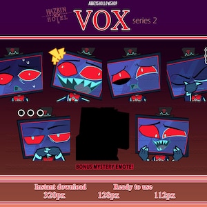 Peut inclure: Téléchargement numérique présentant une série de personnages stylisés en forme de téléviseur avec diverses expressions. Chaque personnage porte un nœud papillon rouge, un chapeau haut de forme et des yeux rouges. Le texte "VOX series 2" est affiché en haut.