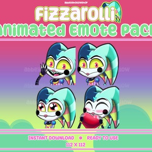 Puede incluir: Un conjunto de cuatro emoticonos animados con un personaje de bufón en colores azul, verde y amarillo. Los emoticonos son de 112 x 112 píxeles y están listos para usar. El texto "Fizzarolli Animated Emote Pack" está en la parte superior de la imagen.