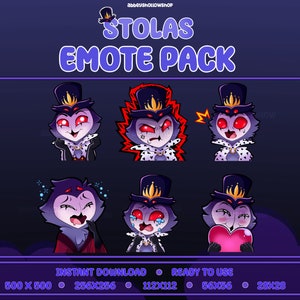 May include: A set of six digital emoticons featuring a cartoon character with a black and red color scheme. The character is wearing a black hat with a gold crown and a black and white cape. The character has a variety of expressions, including happy, angry, sad, and surprised. The text "STOLAS EMOTE PACK" is at the top of the image. The text "INSTANT DOWNLOAD" and "READY TO USE" are at the bottom of the image. The text "500 X 500", "256X256", "112X112", "56X56", and "28X28" are also at the bottom of the image.