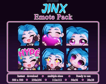 May include: A set of six digital emotes featuring Jinx from the video game League of Legends. The emotes are in various poses and expressions, including a heart, a hype pose, and a surprised expression. The emotes are available in multiple sizes, including 500x500, 256x256, 112x112, 56x56, and 28x28.