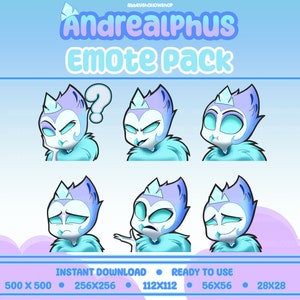 Puede incluir: Un conjunto de seis emojis de personajes animados azules y blancos con diferentes expresiones. Los emojis están en un formato de cuadrícula con el texto "Andrealphus Emote Pack" en la parte superior. El texto "Descarga instantánea" y "Listo para usar" está en la parte inferior de la imagen. El texto "500 x 500", "256x256", "112x112", "56x56" y "28x28" también está en la parte inferior de la imagen.