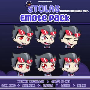 May include: A set of six digital emoticons featuring a cartoon character with black hair, red eyes, and red sunglasses. The character has different facial expressions, including smiling, frowning, and surprised. The emoticons are available in various sizes, including 500x500 pixels, 256x256 pixels, 112x112 pixels, 56x56 pixels, and 28x28 pixels.